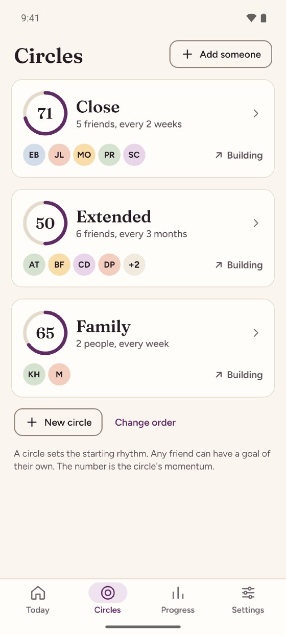 Circles on an Android phone. Three circles with a progress ring each. Close has momentum 71, with 5 friends contacted every 2 weeks. Extended has 6 friends, every 3 months. Family has 2 people, every week. Each is marked Building.