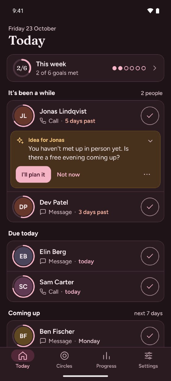 Today on an Android phone. A card says 2 of 6 goals are met this week. Under "It's been a while", Jonas Lindqvist is 5 days past a call, with the idea of planning a meet-up, and Dev Patel is 3 days past a message. Elin Berg and Sam Carter are due today, and Ben Fischer is coming up on Monday.