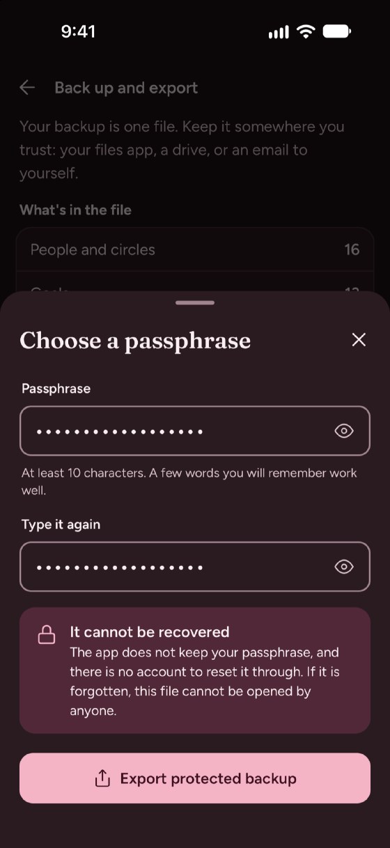 A passphrase for backups on an iPhone. A sheet titled "Choose a passphrase" has two filled-in fields, "Passphrase" and "Type it again". A note says it cannot be recovered, because the app does not keep the passphrase and there is no account to reset it through. A button says "Export protected backup".