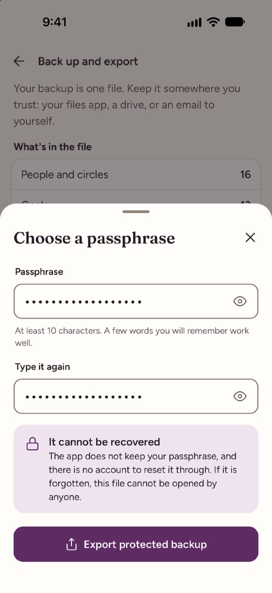 A passphrase for backups on an iPhone. A sheet titled "Choose a passphrase" has two filled-in fields, "Passphrase" and "Type it again". A note says it cannot be recovered, because the app does not keep the passphrase and there is no account to reset it through. A button says "Export protected backup".
